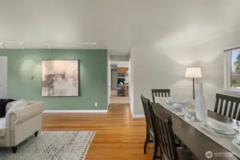 Dining room with kitchen beyond