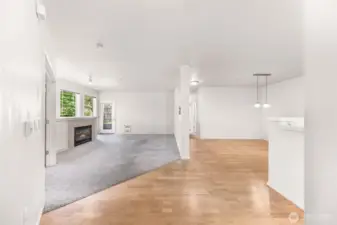 1 bedroom on the left, Living straight forward and kitchen on the right.