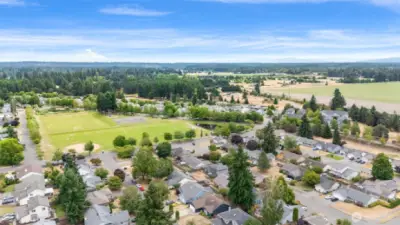 Aerial view showcases the peaceful Lakepointe neighborhood surrounded by lush greenery and open skies.