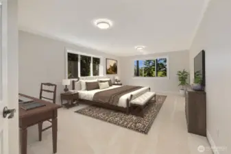 Virtual Stage:  This expansive room offers the perfect layout for a luxurious bedroom retreat, with plenty of space to incorporate a sitting area, desk, or personal touches. Large windows fill the space with natural light, enhancing the sense of openness. It’s a versatile room that easily adapts to your needs and lifestyle.