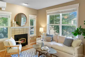 Cozy living room has a wood fireplace insert