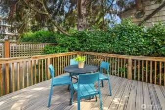 Back deck with mature landscaping