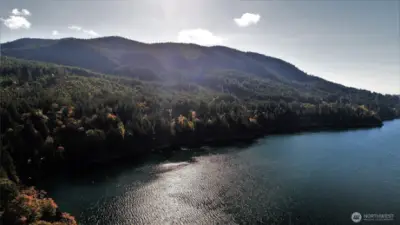Aerial view of Lake Cushman and Dow Mountain.