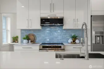 The backsplash is such a focal point of the kitchen and an absolute work of art! All the appliances are sleek...even the microwave!