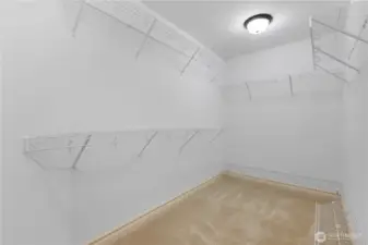 Large walk-in closet offers storage and built-in organization.
