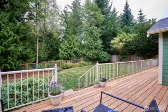A look at the rear deck overlooking the fenced back and the trees beyond. A very relaxing setting....
