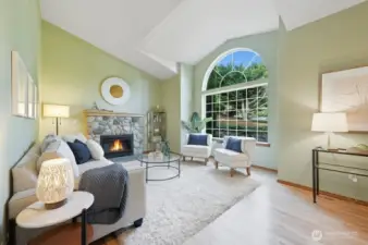 Vaulted Ceilings in Living Room with Gas Fireplace and Picture Window