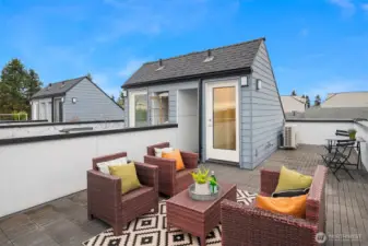 Rooftop deck with plenty of room to relax, entertain, and to take advantage of its Mt. Rainier view on a bluebird day.
