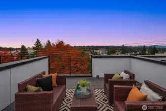 Rooftop deck with plenty of room to relax, entertain, and to take advantage of its Mt. Rainier view on a bluebird day.