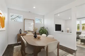 Any sized dining room table will fit in this space. Pictures are for representational purposes only, colors and features may vary.