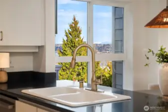Lake Union and Cascade Mountain views from the kitchen