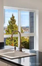 Lake Union and Cascade Mountain views from the kitchen