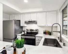 Ample counter space + stainless steal appliances.