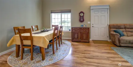 The kitchen overlooks The dinning and living room area.