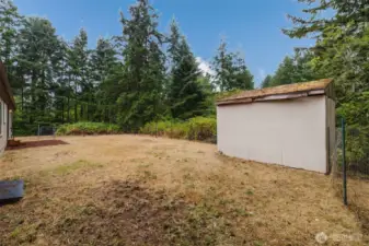 Detached storage shed perfect for tools or hobbies.
