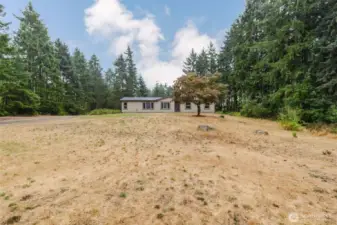 Open backyard with treed backdrop for privacy.