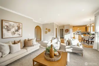 Living room looking to dining and kitchen - nice open concept space