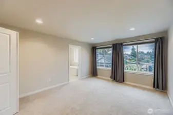 Primary bedroom with south-facing windows and abundant light.