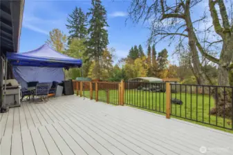 The expansive deck along the backside of the house opening up to the spacious yard.