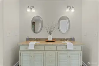 Beautiful double vanity in downstairs primary bathroom