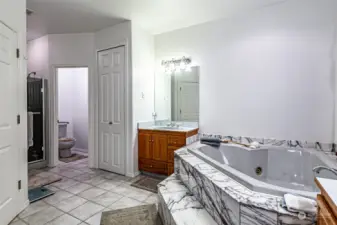 Primary bathroom suite. Has 2 vanities on each side of the jetted tub