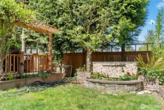 Water Feature, Sprinkler System and mature fruit trees....