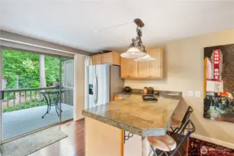 Breakfast bar in the kitchen looks out to the back deck and greenery.