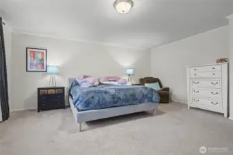 Upstairs Primary Suite, generous in size and I love the crown molding!