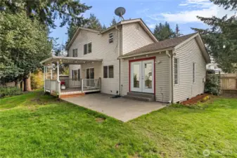 Appreciate the covered deck and the patio off the Dining Room.  All fenced.