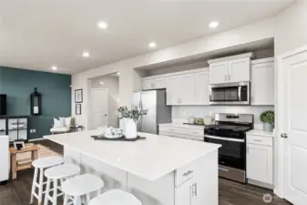 The Bridgewater offers a separate dining area and breakfast bar. Photos are for representational purposes only.  Colors and finishes may vary.