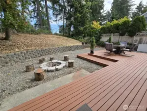 Freshly stained wrap around deck from family room