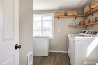 Dedicated laundry room with room for additional storage.
