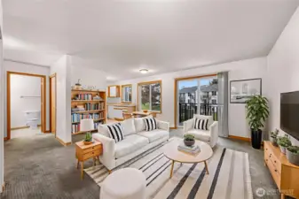 Virtually staged main living space to lend spacial idea of furniture and placement.