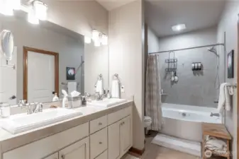 Well-lit shower and jetted tub.  Primary closet is large and to the right and can be closed with a white pocket door.