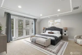 The Primary Suite is located upstairs and features a private balcony with backyard views.