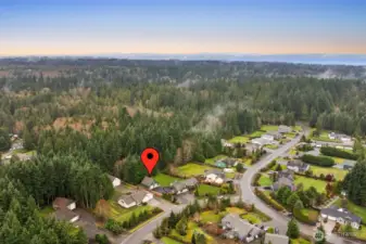 Elevated drone view looking across the surrounding wooded landscape toward the distant water and surrounding communities.