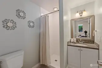Cute little bathroom just right for guests.
