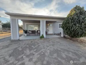 The front yard is a blank slate for landscaping features