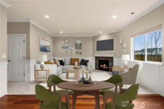 virtually staged family room and kitchen area