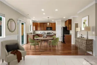 virtually staged family room and kitchen area