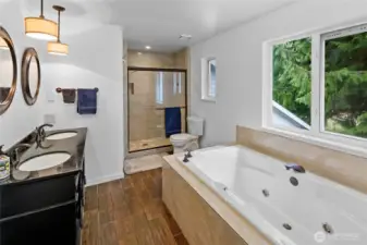 Primary bathroom with soaking tub, shower and double sinks
