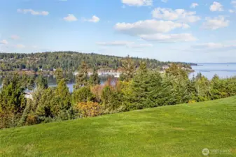 The view of the water from the backyard lawn.