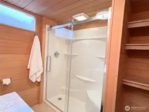 Built-in shelving will hold all of your towels and toiletries