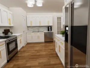 Downstairs storage area could be a kithenette or full kitchen as virtually remodeled here.