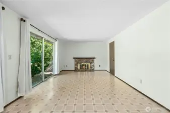 Spacious family room flows from kitchen