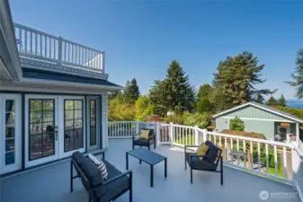 The main deck has views out to the Olympic Mtns and Salish Sea