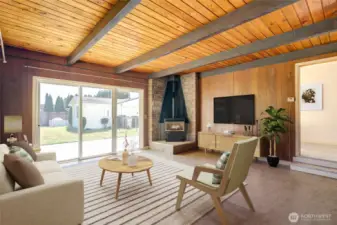 Family room w gas stove, virtually staged