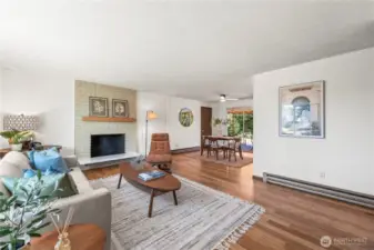 Mid century vibe. Fireplace in living room.