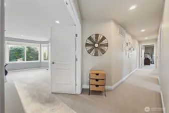 Upstairs features plush carpet.