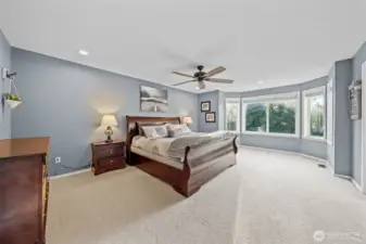 Primary suite with impressive wall of Bay windows. Ceiling fan and luxurious carpet.